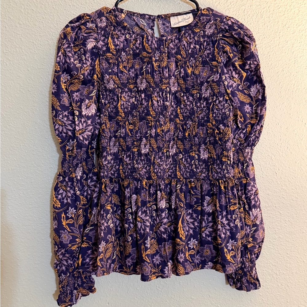 Universal Thread Long Sleeve Blouse | Purple Floral Smocked Top | Size S